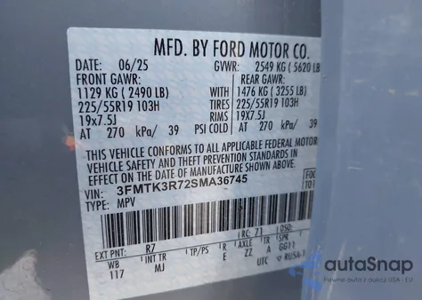 2025 Ford Mustang Mach-E Premium z USA, uszkodzony, nr VIN 3FMTK3R72SMA36745